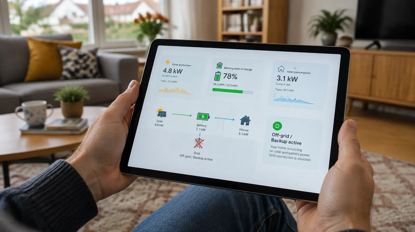 Tablet met energie-app die back-up-modus en batterijstatus toont