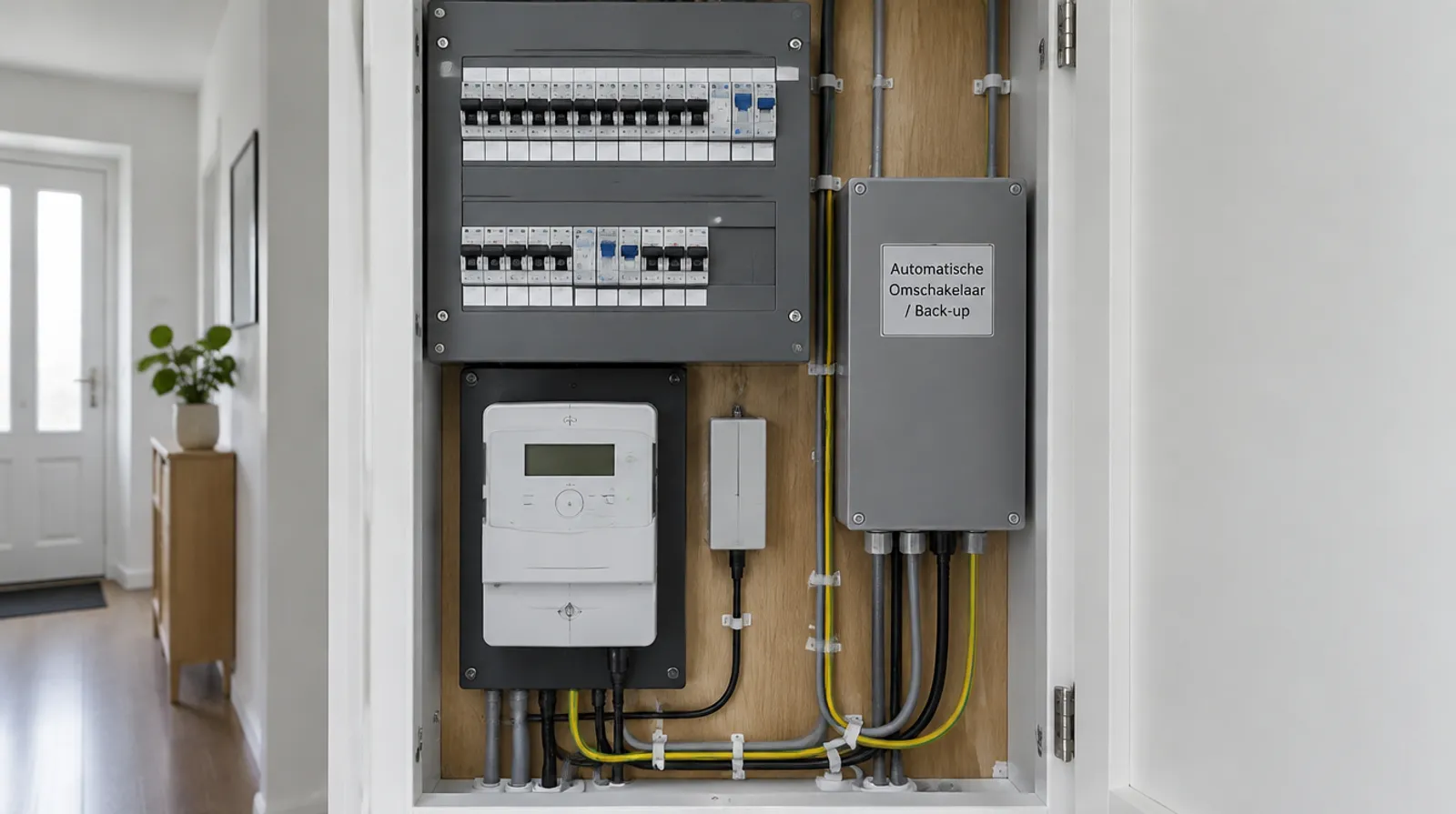 Meterkast met slimme meter en een aparte automatische omschakelaar (back-up box)