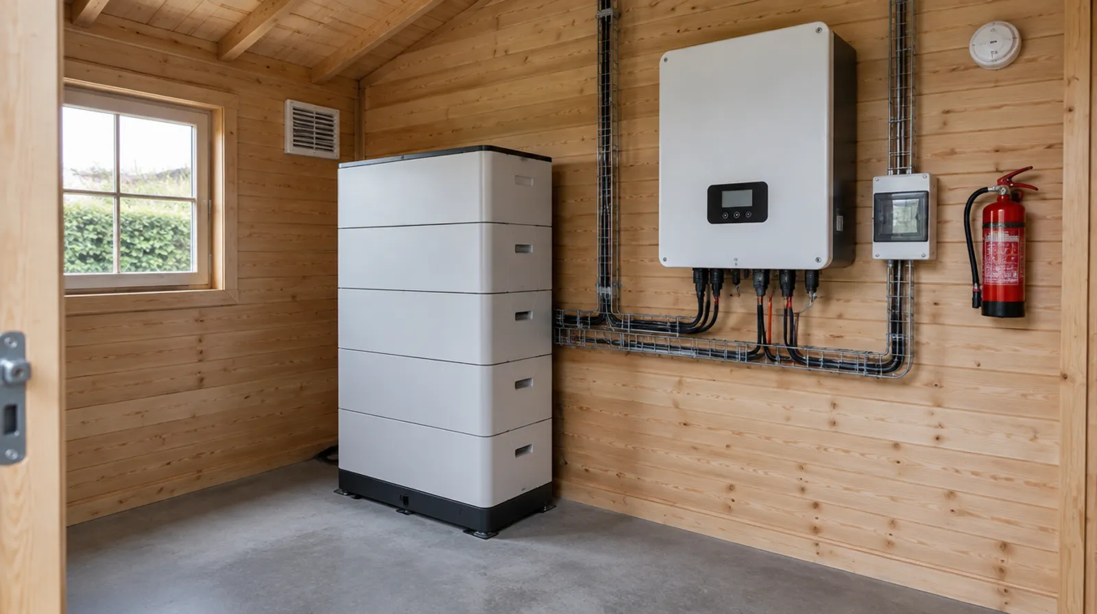 Thuisbatterij van ca. 25 kWh met hybride omvormer in een tuinschuur, met brandblusser en ventilatie